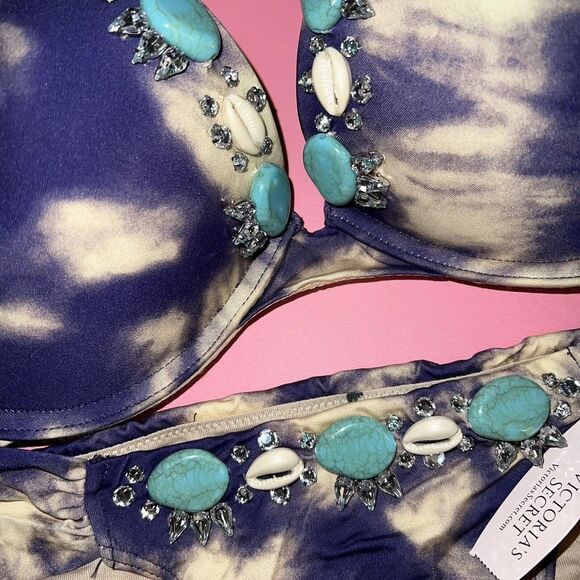 Victoria's Secret 34C BOMBSHELL BIKINI Purple beige tie dye EMBELLISHED Shell - Picture 3 of 3